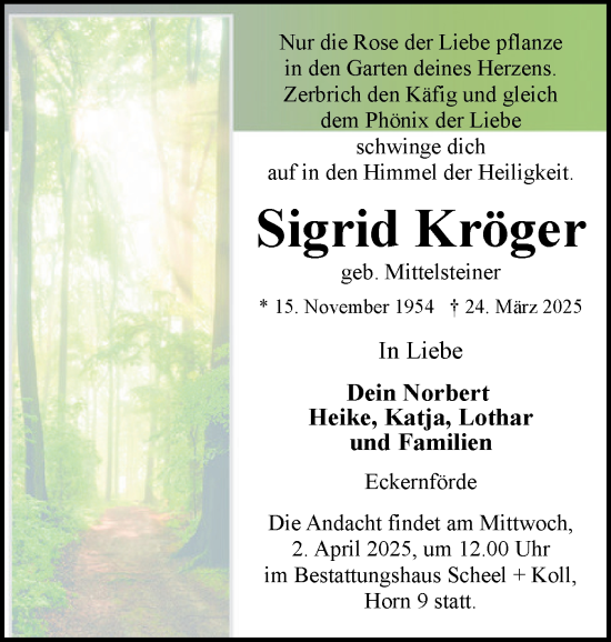 Traueranzeige von Sigrid Kröger von Eckernförder Zeitung