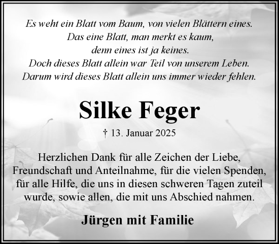 Traueranzeige von Silke Feger von Eckernförder Zeitung, Hallo Eckernförde