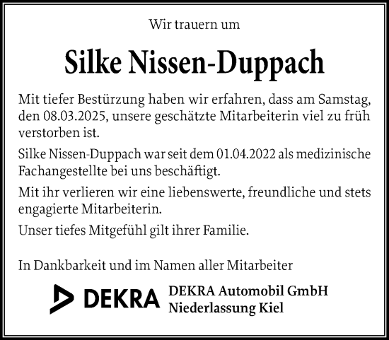 Traueranzeige von Silke Nissen-Duppach von Eckernförder Zeitung