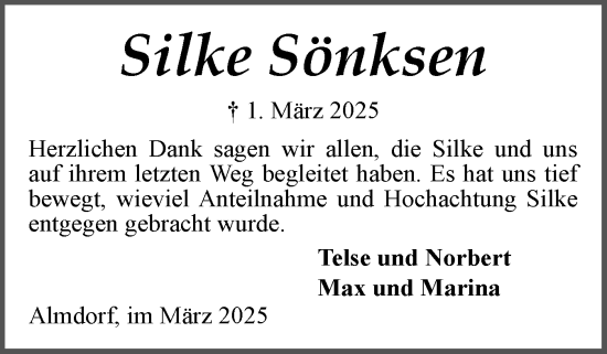 Traueranzeige von Silke Sönksen von Husumer Nachrichten, Nordfriesland Tageblatt