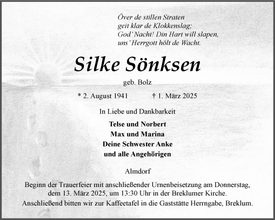 Traueranzeige von Silke Sönksen von Husumer Nachrichten, Nordfriesland Tageblatt