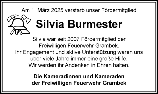 Traueranzeige von Silvia Burmester von MARKT Ratzeburg/Mölln