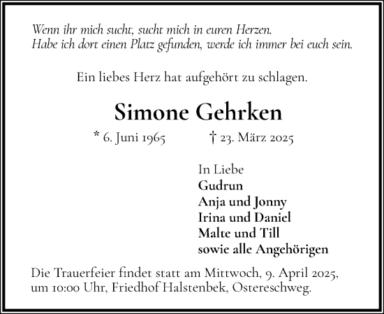 Traueranzeige von Simone Gehrken von Region Pinneberg und tip Pinneberg