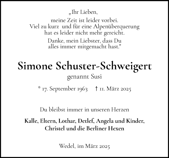 Traueranzeige von Simone Schuster-Schweigert von Wedel-Schulauer Tageblatt, tip Wedel-Schulauer Tageblatt, tip Rissener Rundschau