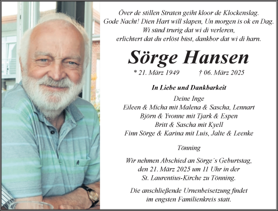 Traueranzeige von Sörge Hansen von Husumer Nachrichten, Nordfriesland Tageblatt
