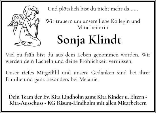 Traueranzeige von Sonja Klindt von Husumer Nachrichten, Nordfriesland Tageblatt