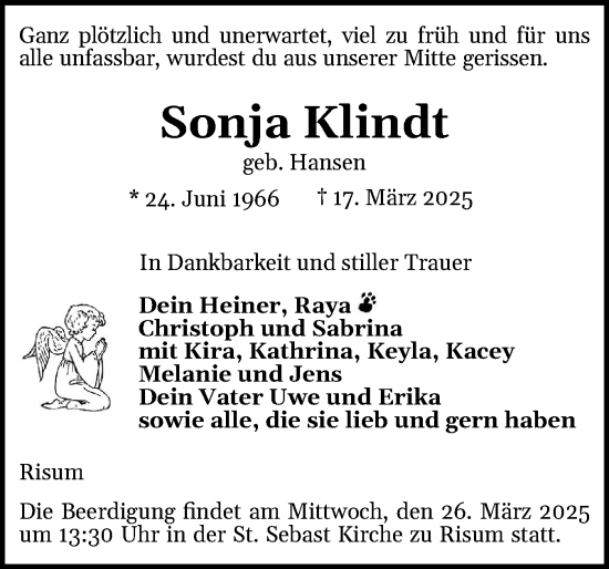 Traueranzeige von Sonja Klindt von Husumer Nachrichten, Nordfriesland Tageblatt