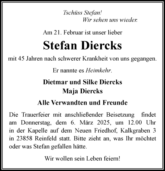 Traueranzeige von Stefan Diercks von MARKT Bad Oldesloe/Reinfeld und Stormarner Tageblatt