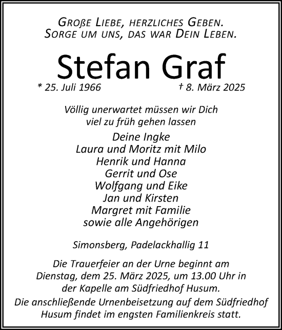 Traueranzeige von Stefan Graf von Husumer Nachrichten, Nordfriesland Tageblatt