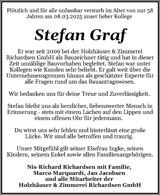 Traueranzeige von Stefan Graf von Husumer Nachrichten, Nordfriesland Tageblatt