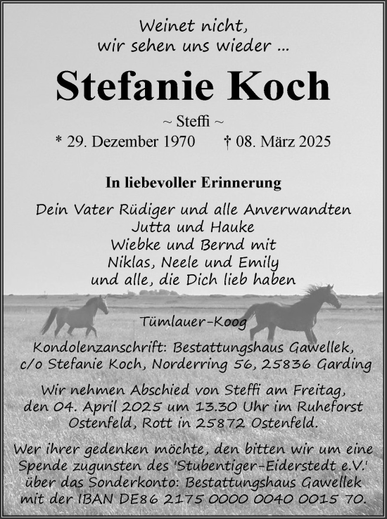 Traueranzeige von Stefanie Koch von Husumer Nachrichten, Nordfriesland Tageblatt