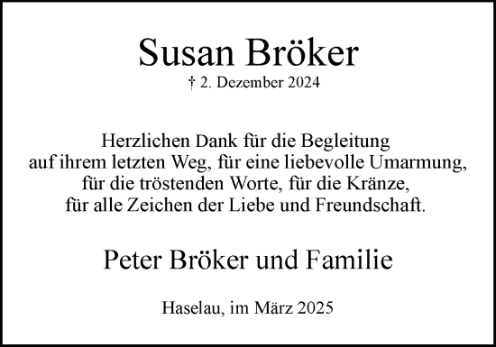 Traueranzeige von Susan Bröker von Uetersener Nachrichten, Der tip am Wochenende