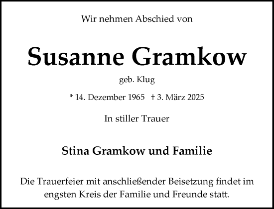 Traueranzeige von Susanne Gramkow von MARKT Bad Oldesloe/Reinfeld und Stormarner Tageblatt
