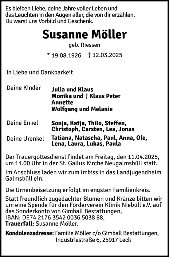 Traueranzeige von Susanne Möller von Husumer Nachrichten, Nordfriesland Tageblatt