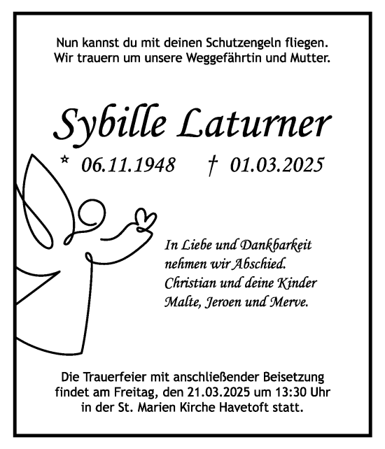 Traueranzeige von Sybille Laturner von Schleswiger Nachrichten, Schlei-Bote