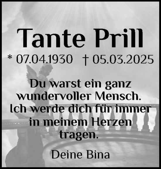 Traueranzeige von Tante Prill von Eckernförder Zeitung, Hallo Eckernförde
