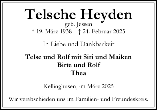 Traueranzeige von Telsche Heyden von Norddeutsche Rundschau, Wilstersche Zeitung, Glückstädter Fortuna