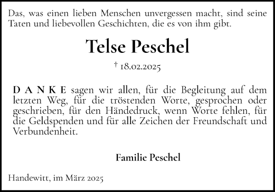 Traueranzeige von Telse Peschel von Region Flensburg
