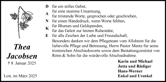 Traueranzeige von Thea Jacobsen von Flensburger Tageblatt, Schleswiger Nachrichten, Schlei-Bote
