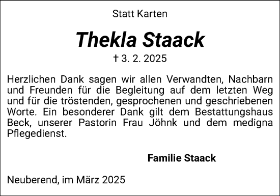 Traueranzeige von Thekla Staack von Schleswiger Nachrichten, Schlei-Bote