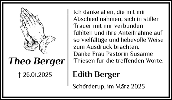 Traueranzeige von Theo Berger von Flensburger Tageblatt
