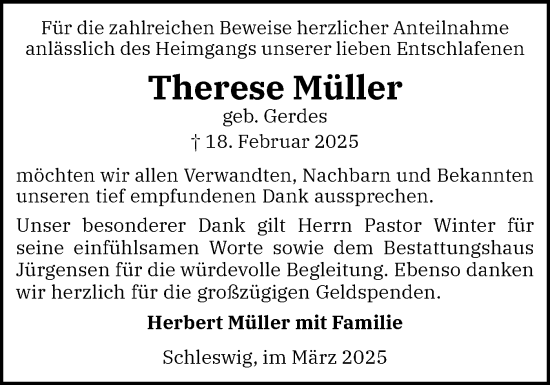 Traueranzeige von Therese Müller von Schleswiger Nachrichten, Schlei-Bote
