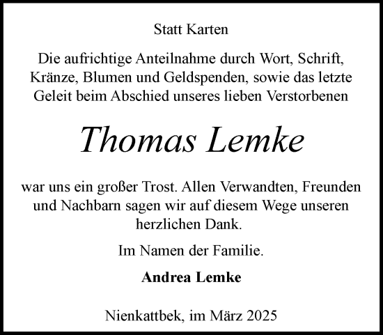 Traueranzeige von Thomas Lemke von Schleswig-Holsteinische Landeszeitung