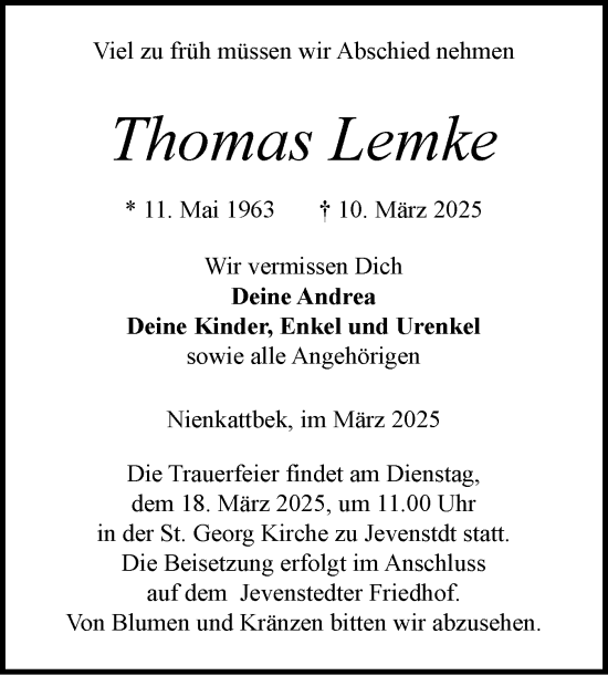 Traueranzeige von Thomas Lemke von Schleswig-Holsteinische Landeszeitung