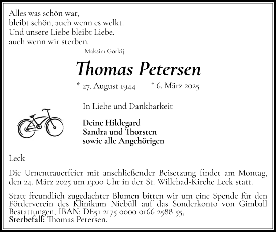 Traueranzeige von Thomas Petersen von Husumer Nachrichten, Nordfriesland Tageblatt