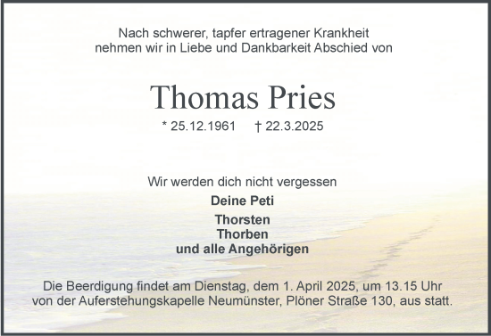 Traueranzeige von Thomas Pries von Holsteinischer Courier