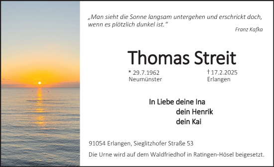 Traueranzeige von Thomas Streit von Holsteinischer Courier