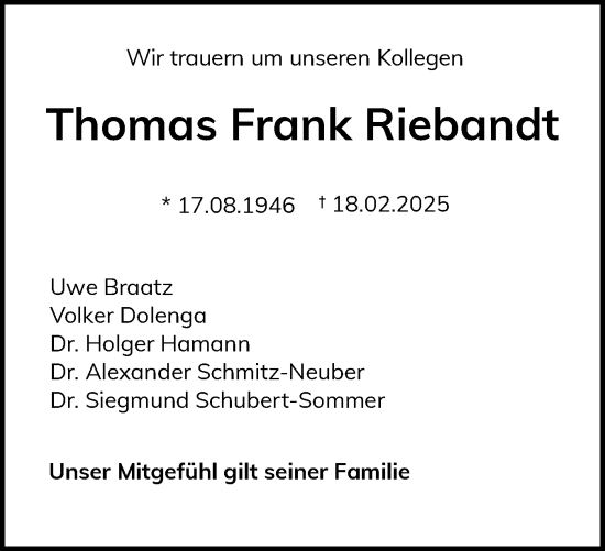 Traueranzeige von Thomas Frank Riebandt von Region Flensburg