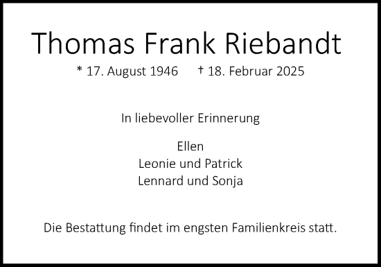 Traueranzeige von Thomas Frank Riebandt von Husumer Nachrichten, Nordfriesland Tageblatt