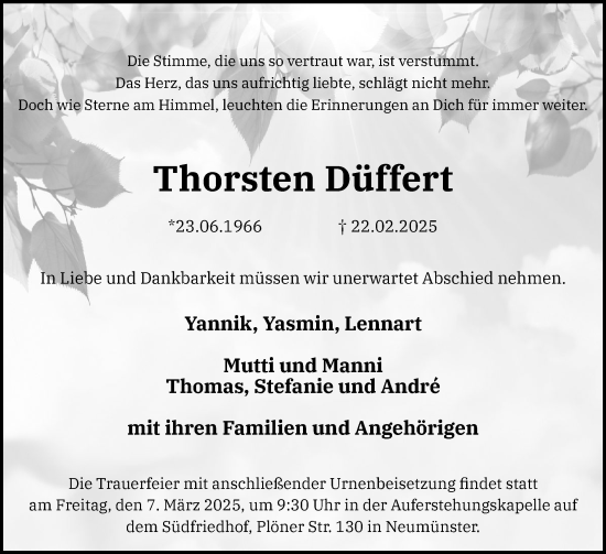 Traueranzeige von Thorsten Düffert von Holsteinischer Courier