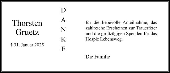 Traueranzeige von Thorsten Gruetz von MARKT Bad Oldesloe/Reinfeld und Stormarner Tageblatt