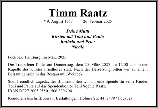 Traueranzeige von Timm Raatz von Schleswig-Holsteinische Landeszeitung
