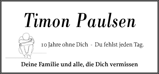 Traueranzeige von Timon Paulsen von Husumer Nachrichten, Nordfriesland Tageblatt