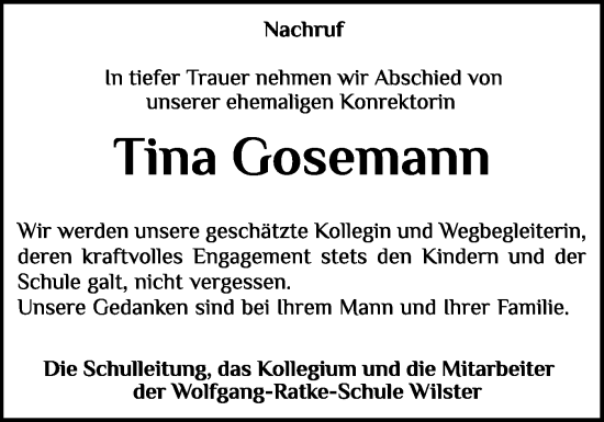 Traueranzeige von Tina Gosemann von Norddeutsche Rundschau, Wilstersche Zeitung, Glückstädter Fortuna