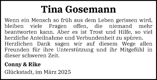 Traueranzeige von Tina Gosemann von Norddeutsche Rundschau, Wilstersche Zeitung, Glückstädter Fortuna