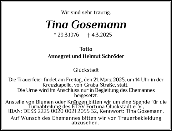 Traueranzeige von Tina Gosemann von Norddeutsche Rundschau, Wilstersche Zeitung, Glückstädter Fortuna