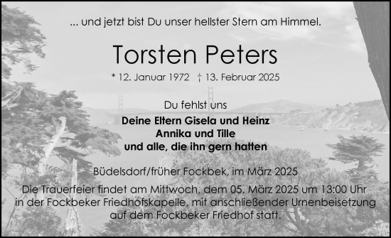 Traueranzeige von Torsten Peters von Schleswig-Holsteinische Landeszeitung
