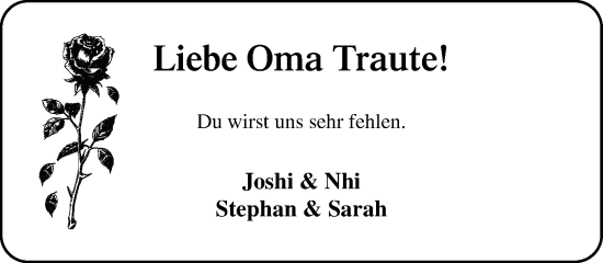 Traueranzeige von Traute  von MARKT Ratzeburg/Mölln