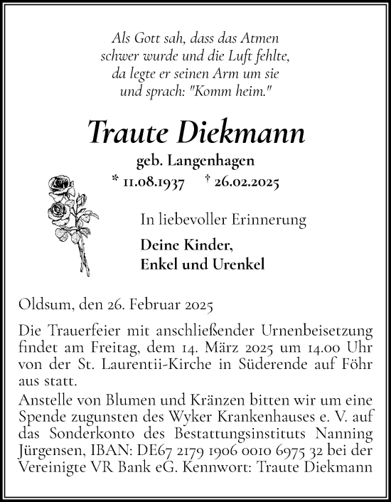 Traueranzeige von Traute Diekmann von Der Insel-Bote