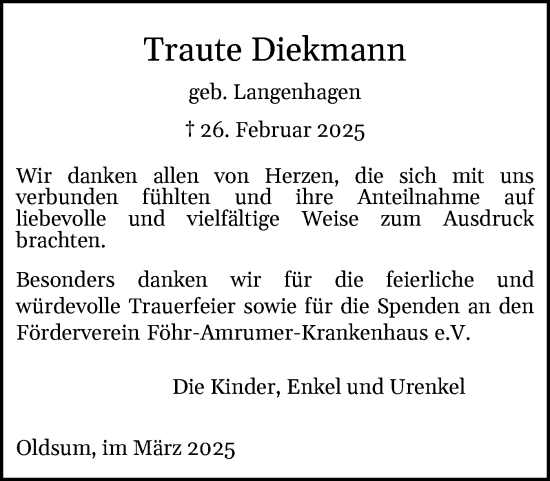 Traueranzeige von Traute Diekmann von Der Insel-Bote