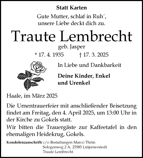 Traueranzeige von Traute Lembrecht von Schleswig-Holsteinische Landeszeitung