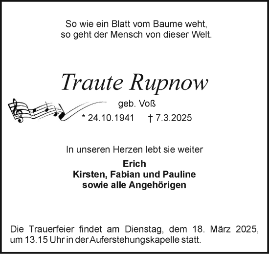 Traueranzeige von Traute Rupnow von Holsteinischer Courier