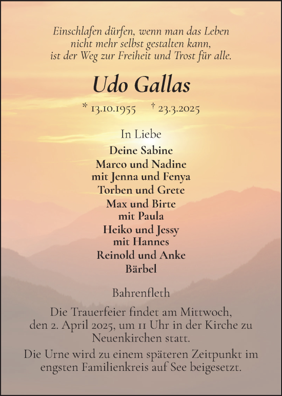 Traueranzeige von Udo Gallas von Norddeutsche Rundschau, Wilstersche Zeitung, Glückstädter Fortuna