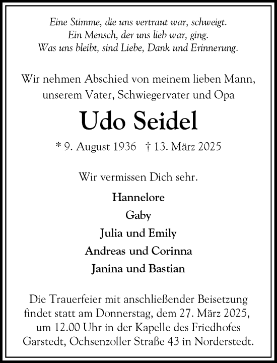 Traueranzeige von Udo Seidel von Heimatspiegel