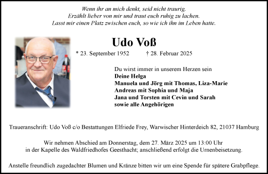 Traueranzeige von Udo Voß von Wochenend Anzeiger