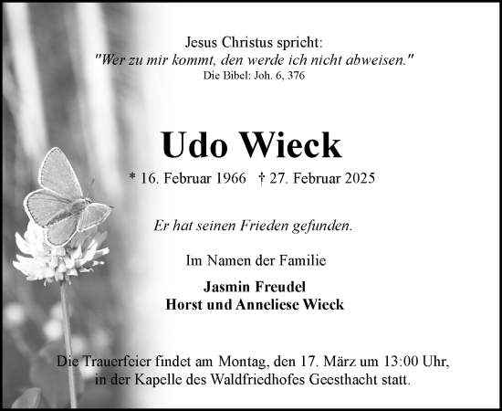 Traueranzeige von Udo Wieck von Wochenend Anzeiger